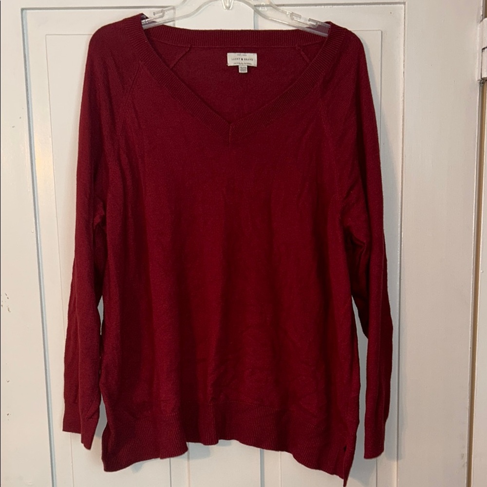 LUCKY BRAND Women’s Knit Sweater Red Pomegranate V-Neck  XXL Boho Fall Winter